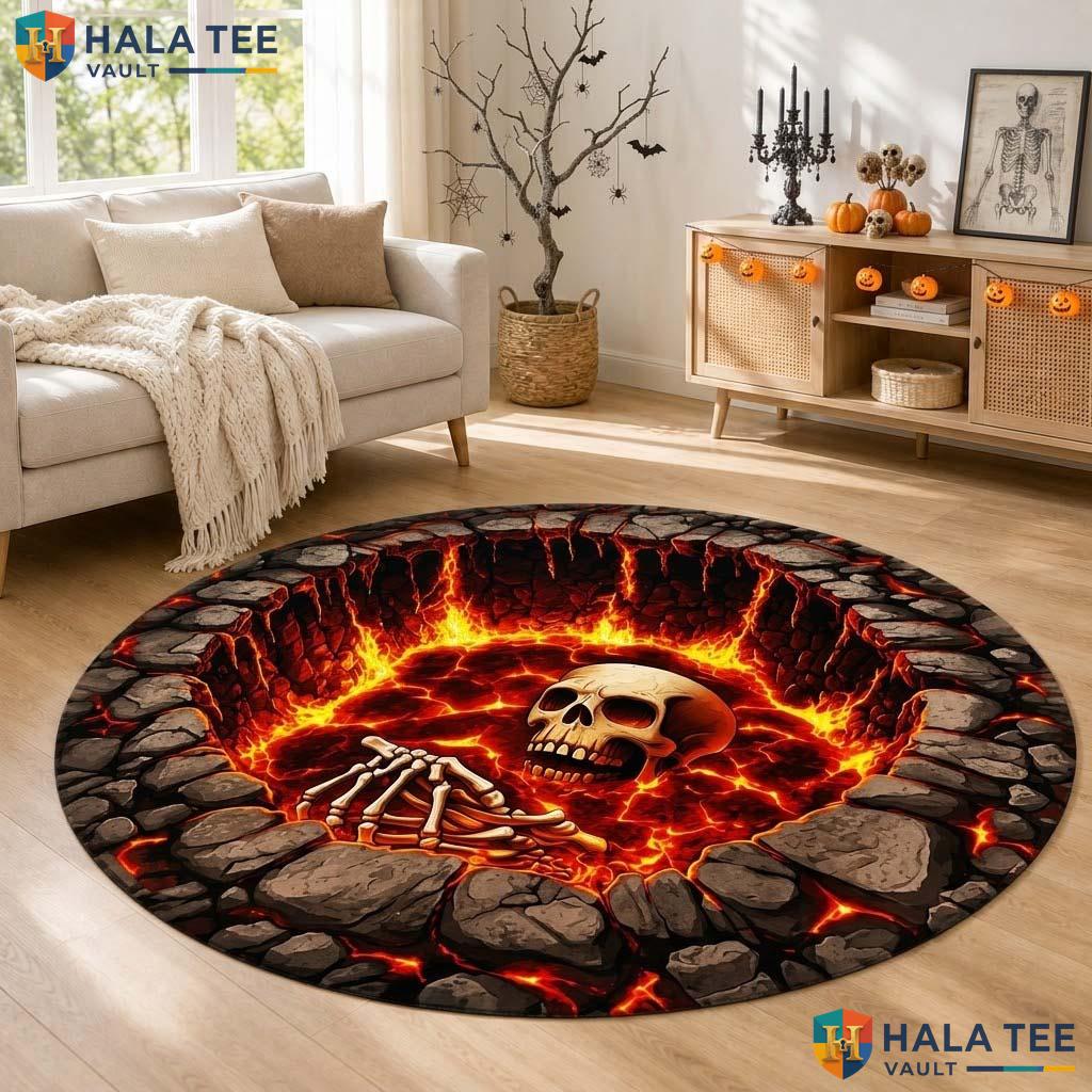 Lava Skull Halloween Round Area Rug 3D Fiery Burning Hell Pit Mat