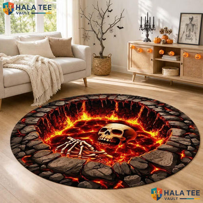 Lava Skull Halloween Round Area Rug 3D Fiery Burning Hell Pit Mat