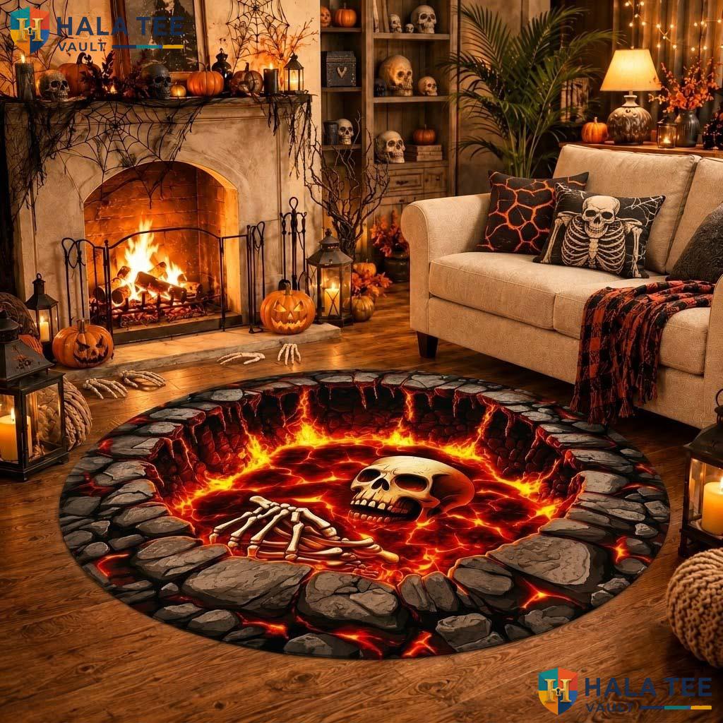 Lava Skull Halloween Round Area Rug 3D Fiery Burning Hell Pit Mat Adult