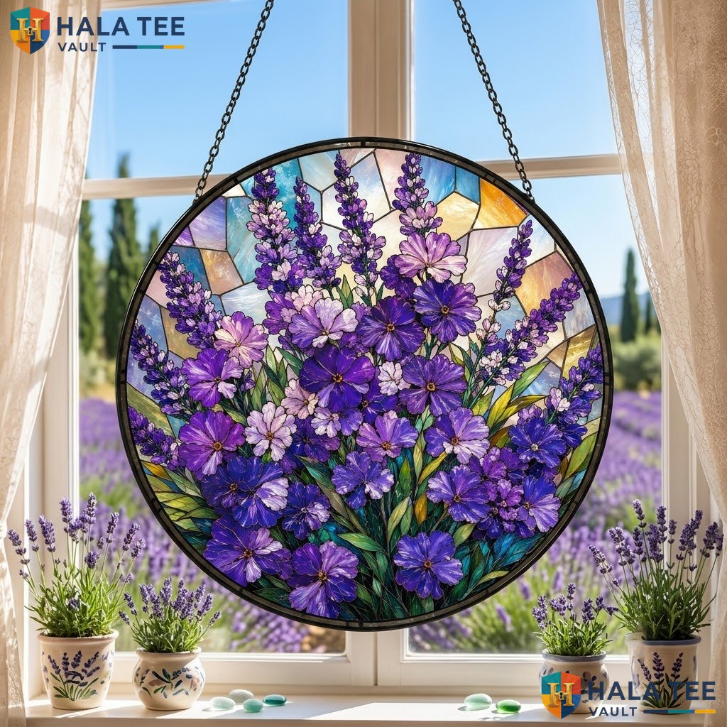 Lavender Flowers Halloween Stained Glass Suncatcher Spooky Ghost Window Decor