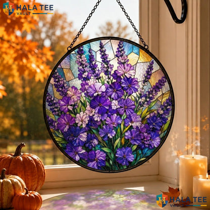 Lavender Flowers Halloween Stained Glass Suncatcher Spooky Ghost Window Decor Adult