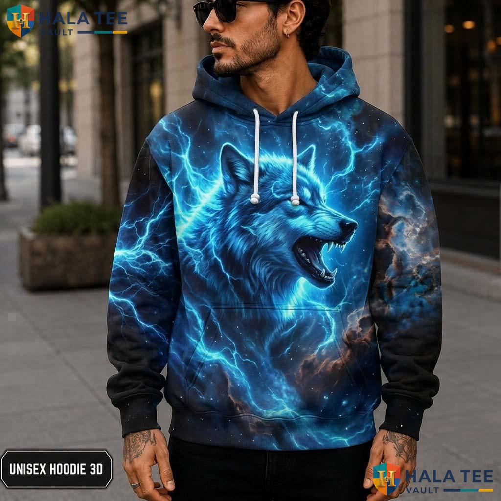 Light Blue Cosmic Wolf 3D Printed Hoodie Roaring Graphic Alternative Apparel