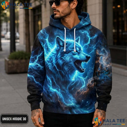 Light Blue Cosmic Wolf 3D Printed Hoodie Roaring Graphic Alternative Apparel