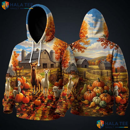 Llama Alpaca Farm Thanksgiving 3D Hoodie Rustic Autumn Pumpkins Top