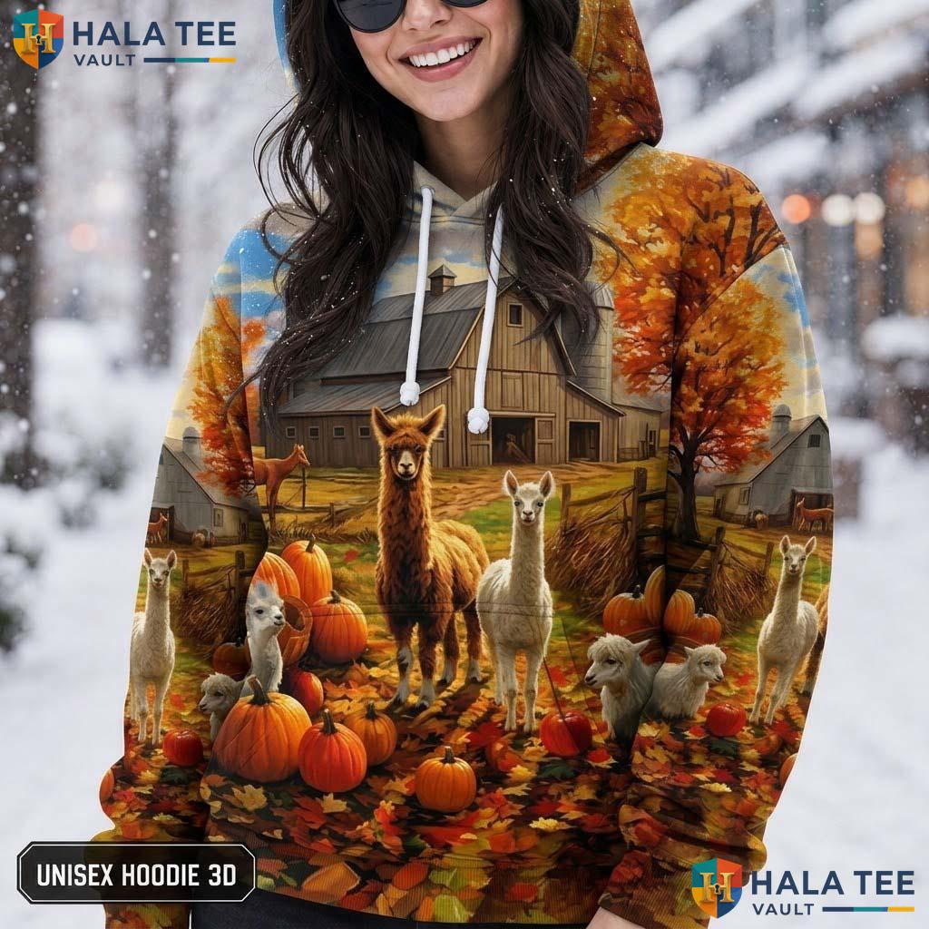 Llama Alpaca Farm Thanksgiving 3D Printed Hoodie Rustic Autumn Pumpkins Top