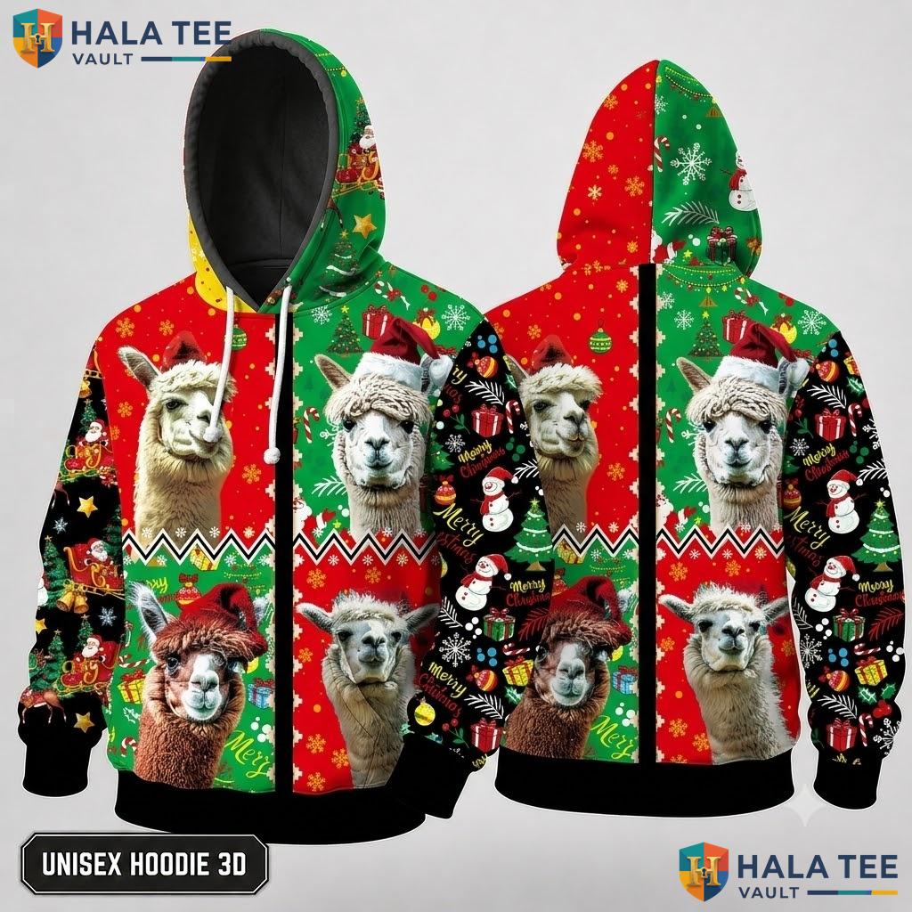 Llama Red Green Xmas 3D Hoodie Funny Festive Playful Pullover Top
