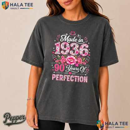 Made In 1936 Garment-Dyed T-Shirt Floral 90 Year Old 90th Birthday Women