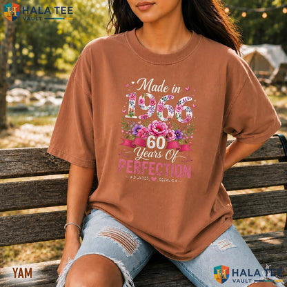 Made In 1966 Garment-Dyed T-Shirt Floral 60 Year Old 60th Birthday Women