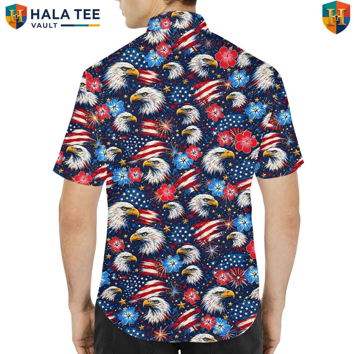Majestic American Eagle Short-sleeve button-up shirt Mens Patriotic Freedom Celebration Top