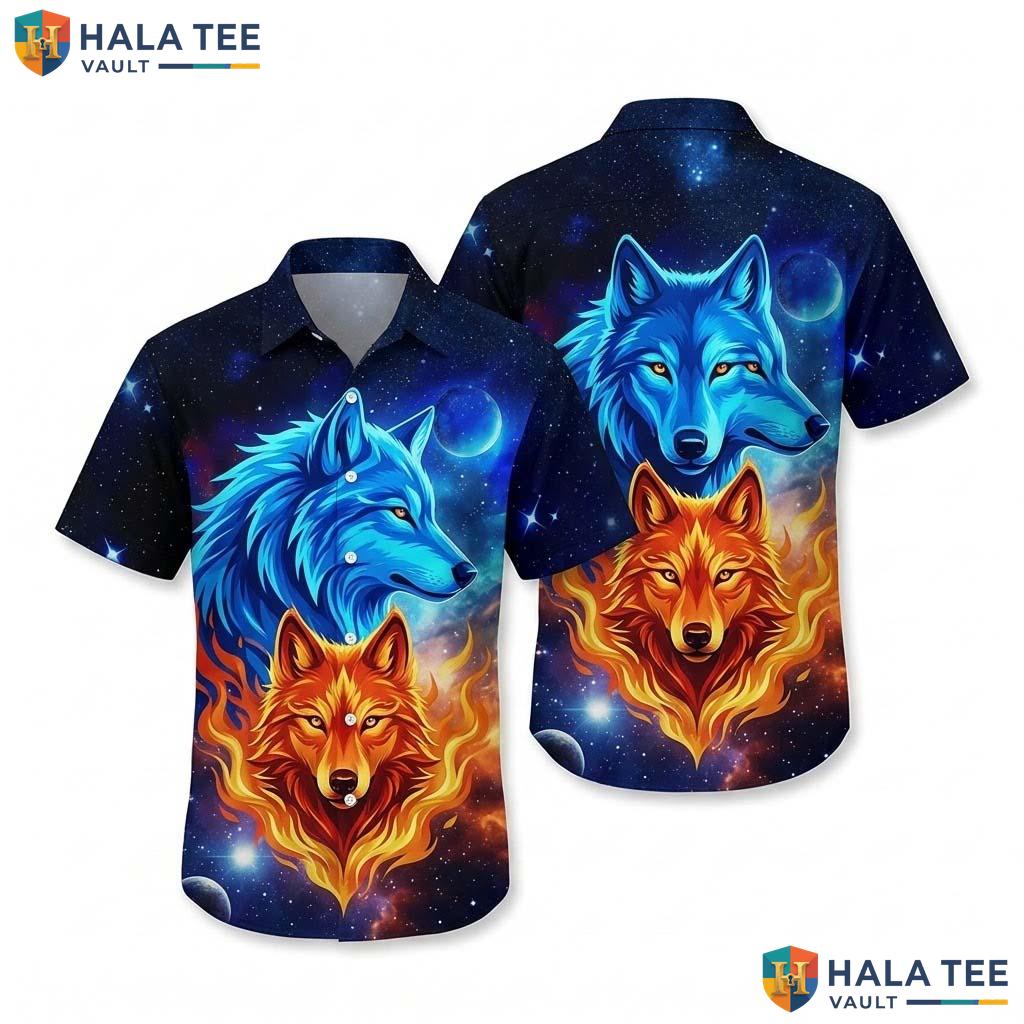 Majestic Cosmic Wolf Aloha Shirt Vibrant Blue Orange Graphic Button Down