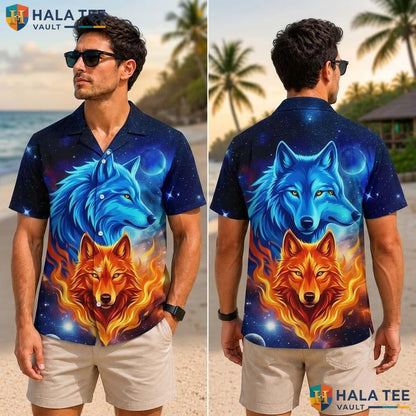 Majestic Cosmic Wolf Tropical Shirt Vibrant Blue Orange Graphic Button Down