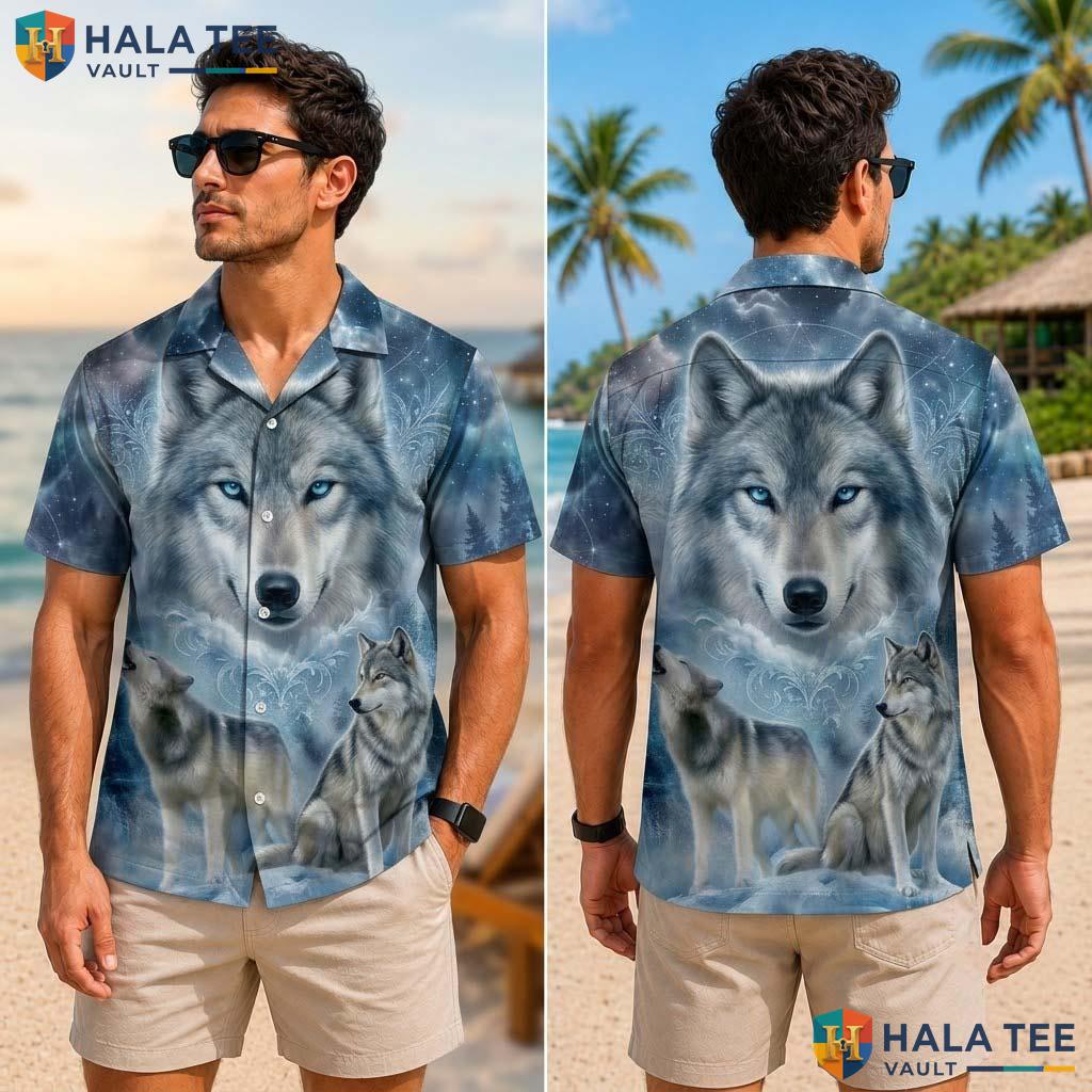 Majestic Wolf Graphic Tropical Shirt Cool Moonlit Design Nature Lover Top