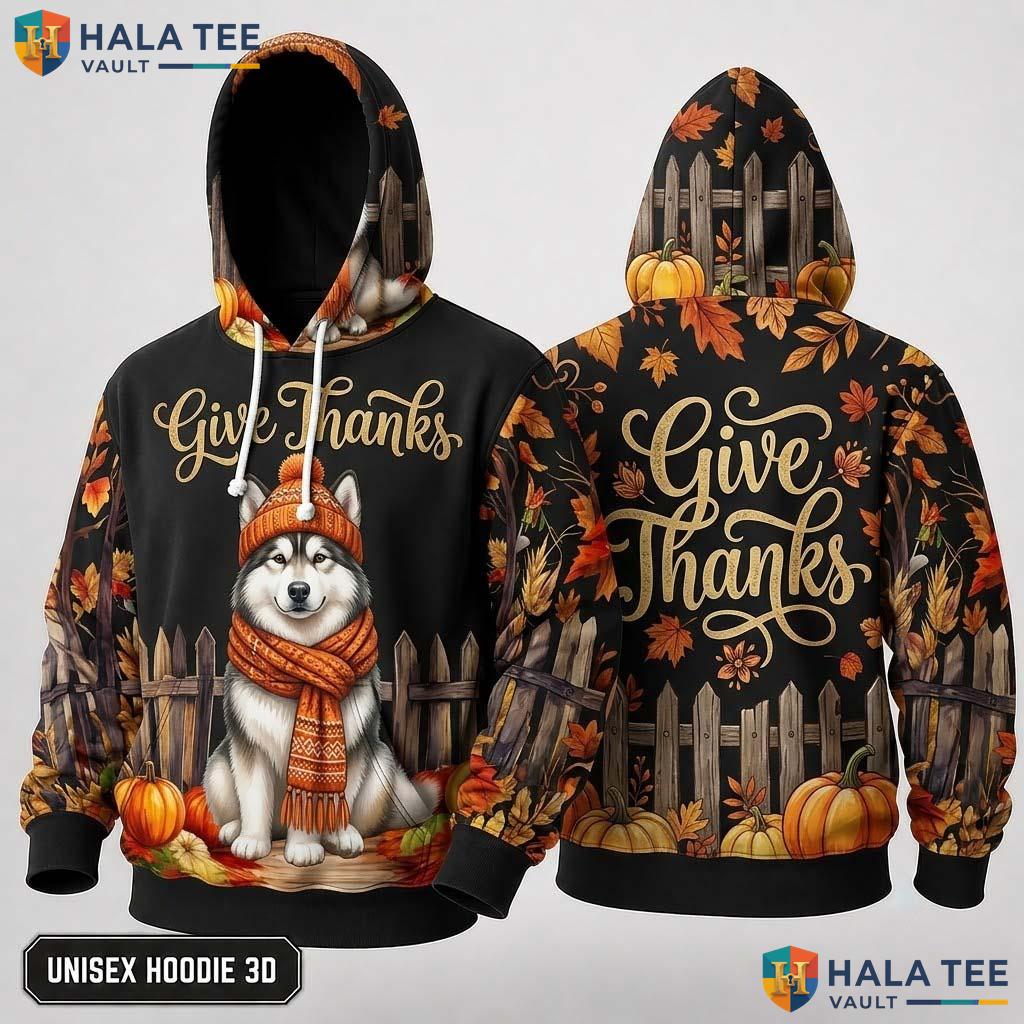 Malamute Pumpkins Autumn Thanksgiving 3D Hoodie Fall Design Leaves Top