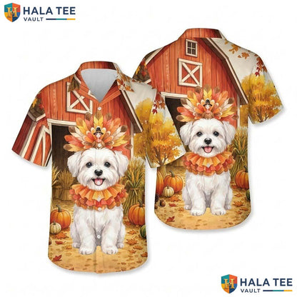 Maltese Costume Thanksgiving Hawaiian Shirt Dog In Turkey Fall Mens