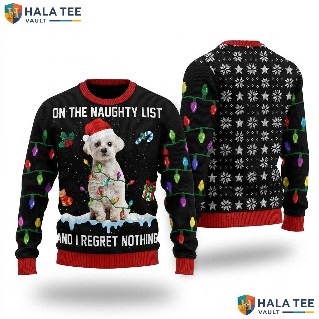 Maltese Dog Lights Christmas Sweater Funny Santa Hat Pet Lover Top