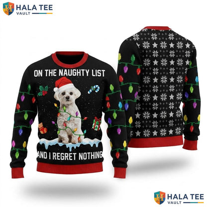 Maltese Dog Lights Christmas Sweater Funny Santa Hat Pet Lover Top