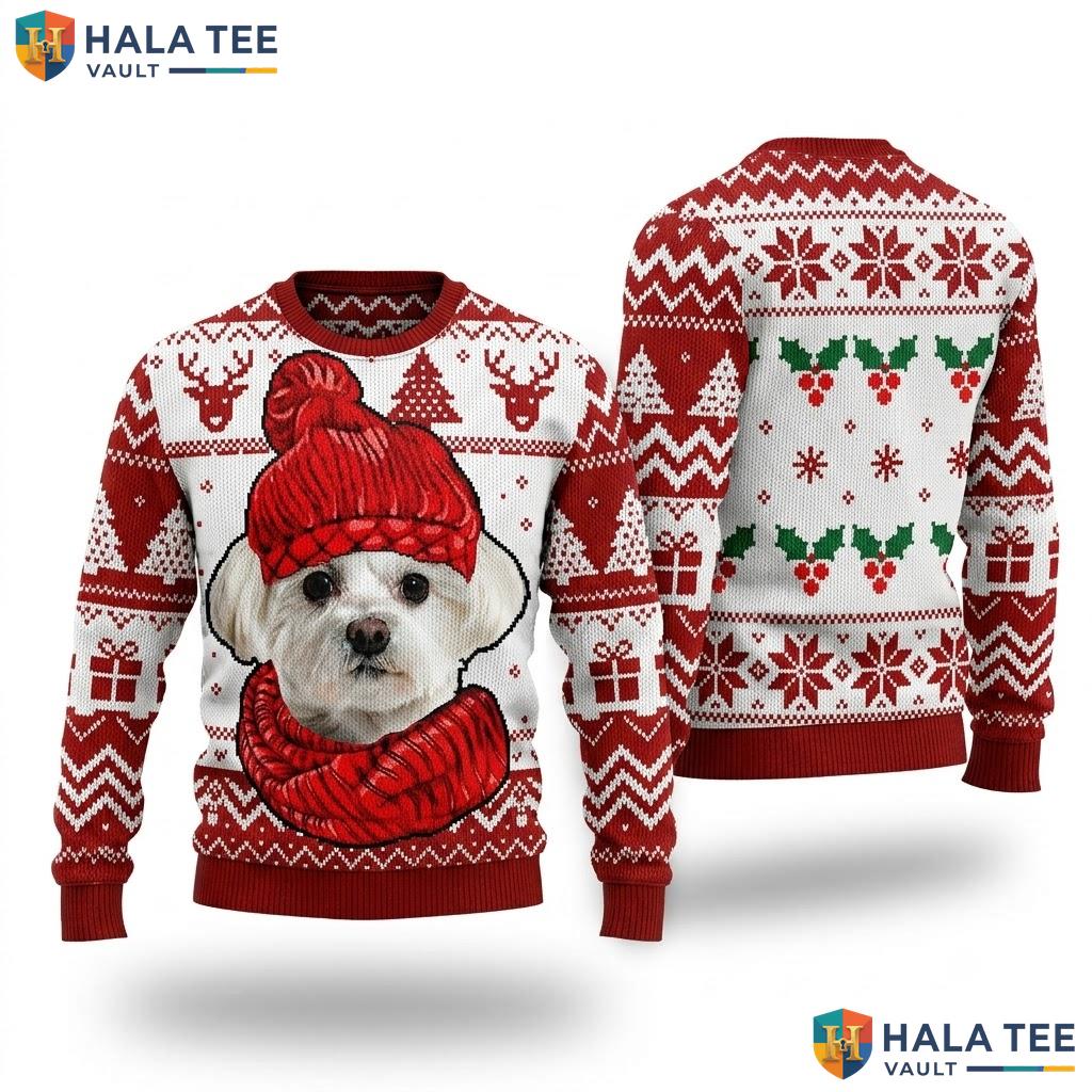 Maltese Dog Scarf Pet Christmas Sweater Funny Xmas Holiday Apparel
