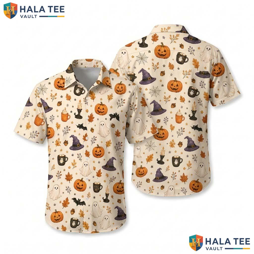 Maple Leaf Halloween Hawaiian Shirt Spooky Fall Pumpkin Aloha Top