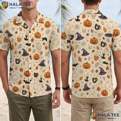 Maple Leaf Halloween Hawaiian Shirt Spooky Fall Pumpkin Aloha Top Adult