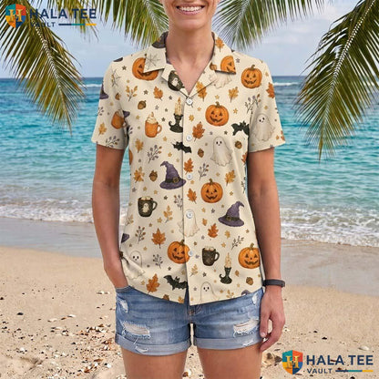 Maple Leaf Halloween Hawaiian Shirt Spooky Fall Pumpkin Aloha Top Adult