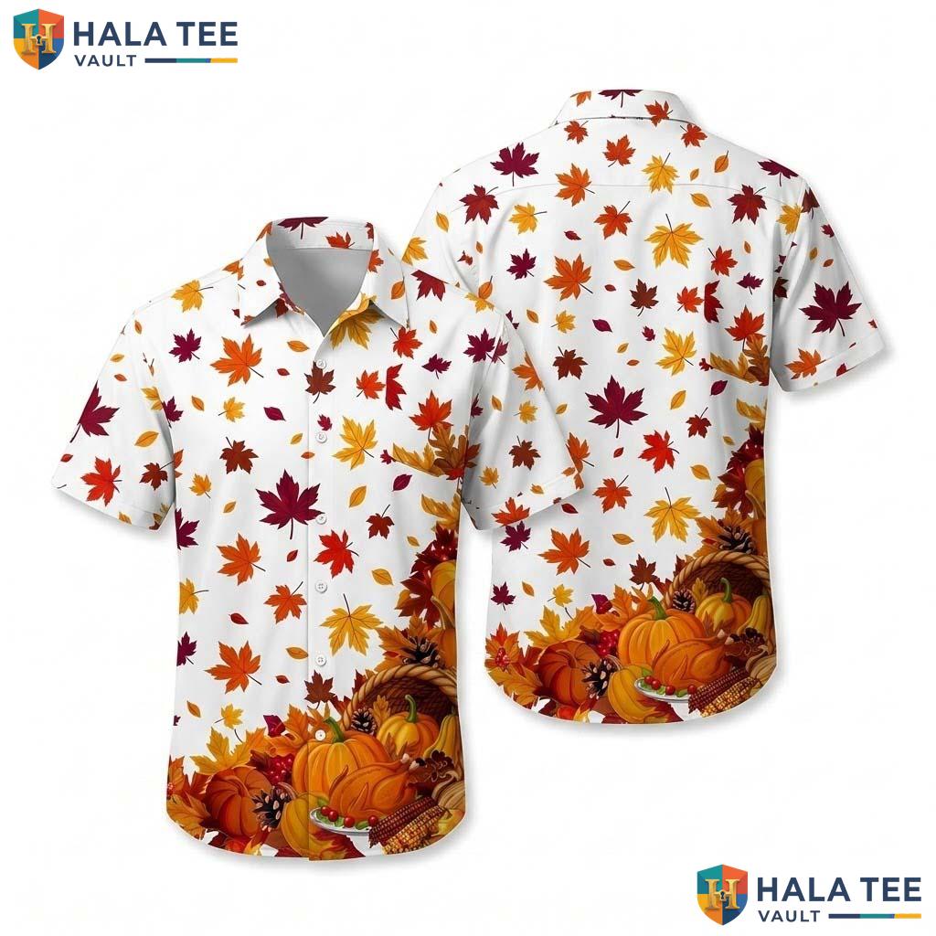 Maple Leaf Turkey Thanksgiving Hawaiian Shirt Fall Print Button Up Top