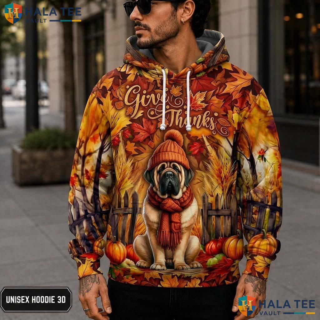 Mastiff Pumpkins Leaves Thanksgiving 3D Printed Hoodie Give Thanks Cozy Top