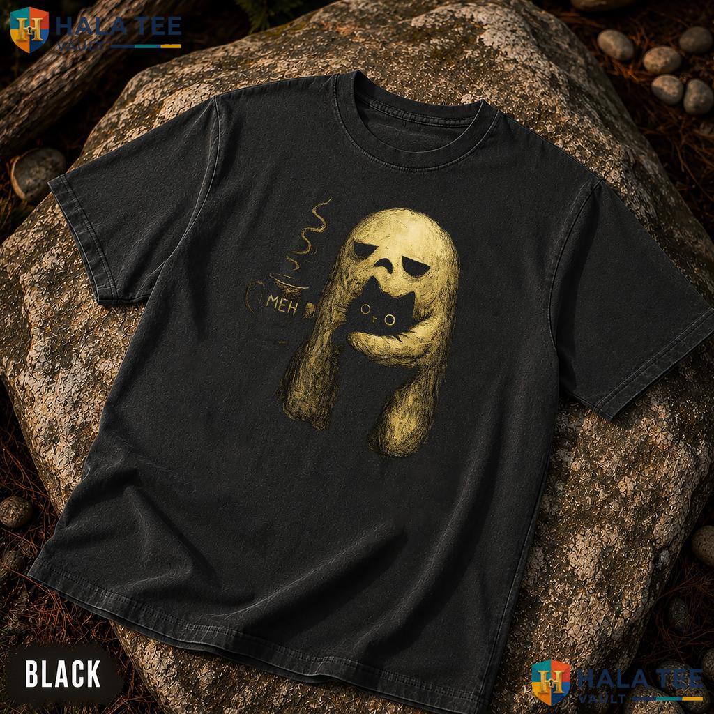 Meh Ghost Cat Spooky Garment-Dyed T-Shirt Funny Halloween Coffee Apparel