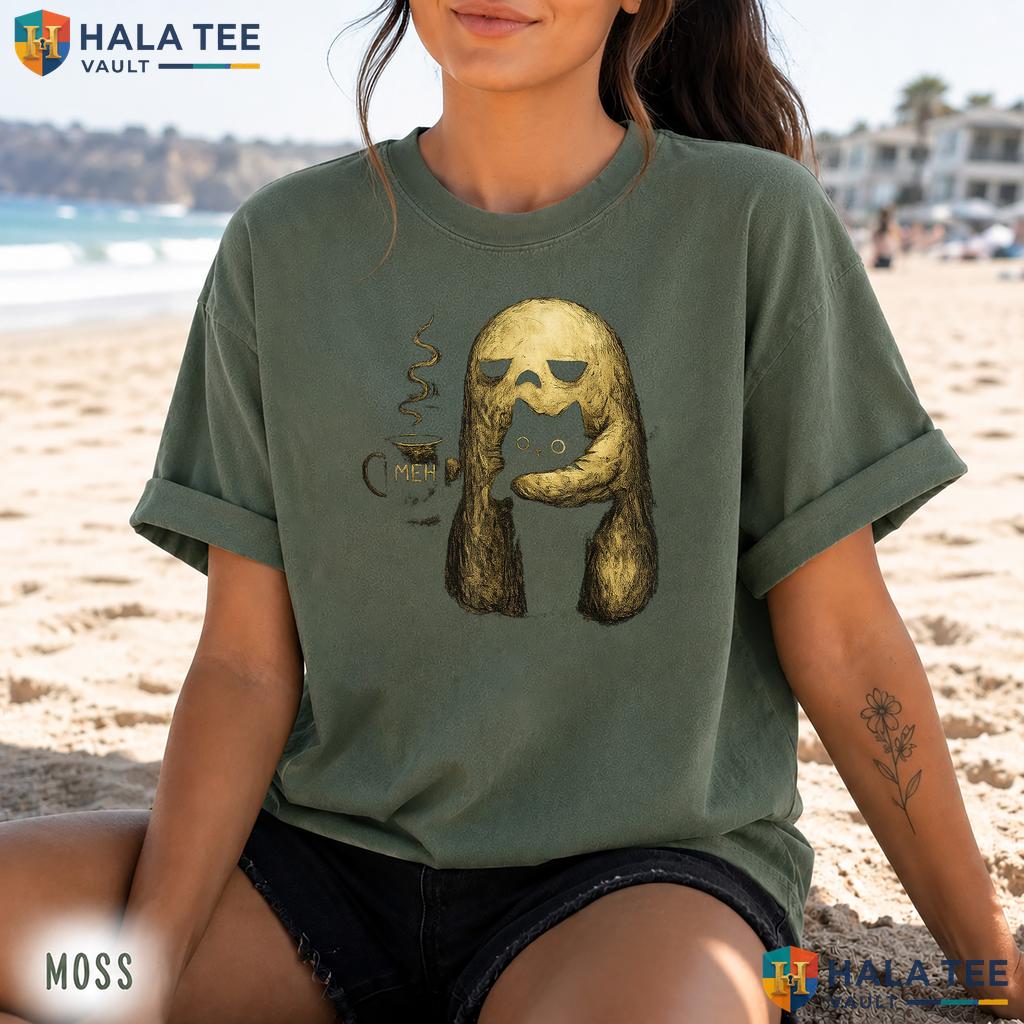 Meh Ghost Cat Spooky Retro Style T-Shirt Funny Halloween Coffee Apparel