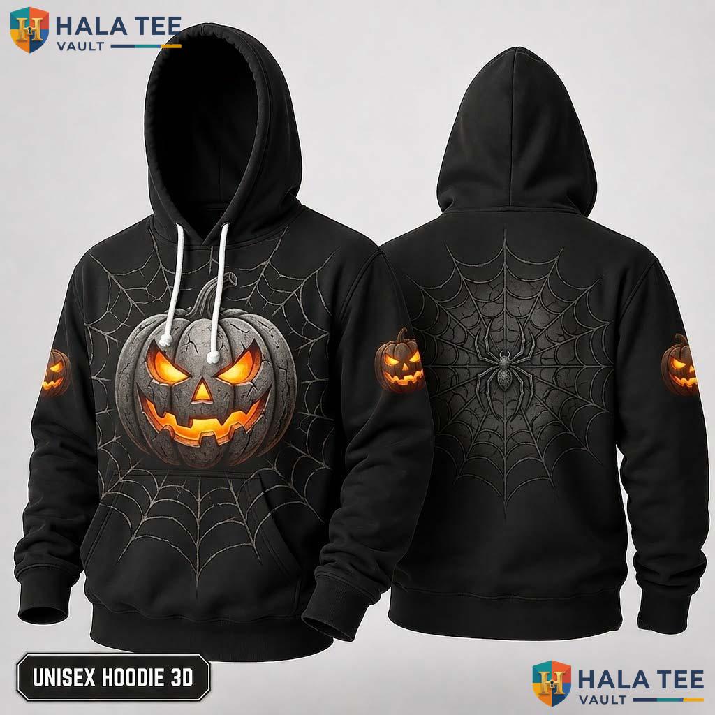 Menacing Pumpkin Spiderweb 3D Hoodie Spooky Graphic Halloween Apparel