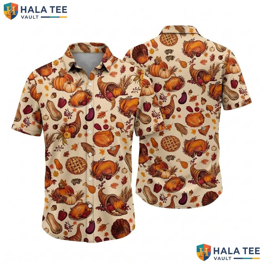 Mens Turkey Print Thanksgiving Hawaiian Shirt Fall Button Up Beach Top