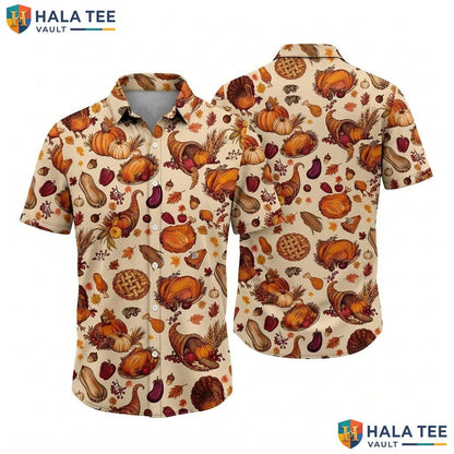 Mens Turkey Print Thanksgiving Hawaiian Shirt Fall Button Up Beach Top
