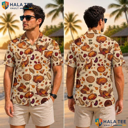 Mens Turkey Print Thanksgiving Tropical Shirt Fall Button Up Beach Top