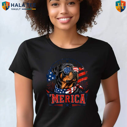 Merica Rottweiler Patriotic Tee Shirt Fourth Of July Dog Lover Graphic Apparel