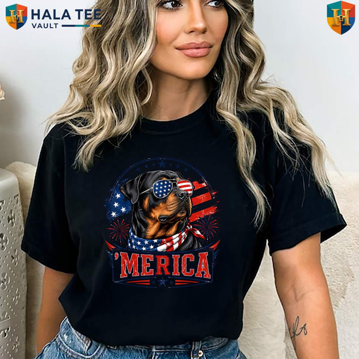 Merica Rottweiler Patriotic T-Shirt Fourth Of July Dog Lover Graphic Apparel