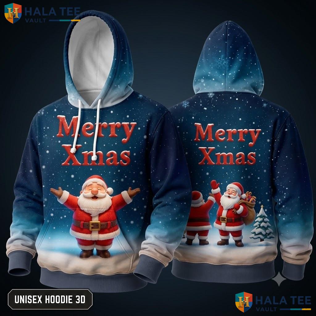 Merry Santa Long Sleeve Christmas 3D Hoodie Joyful Dark Blue Top