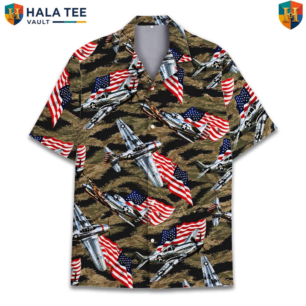 Military Airplane Graphic Hawaiian Shirt Mens Veteran Patriotic Summer Wear