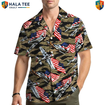 Military Airplane Graphic Short-sleeve button-up shirt Mens Veteran Patriotic Summer Wear