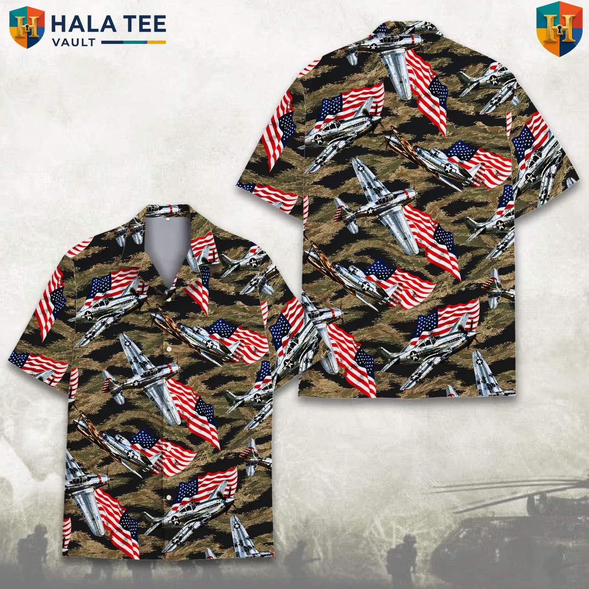 Military Airplane Graphic Tropical Shirt Mens Veteran Patriotic Summer Wear