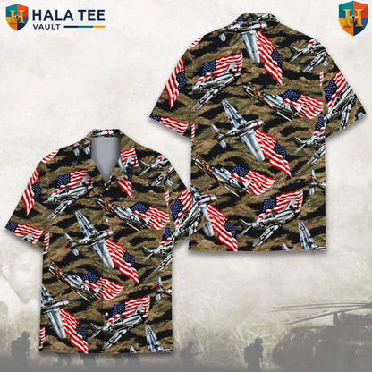 Military Airplane Graphic Tropical Shirt Mens Veteran Patriotic Summer Wear