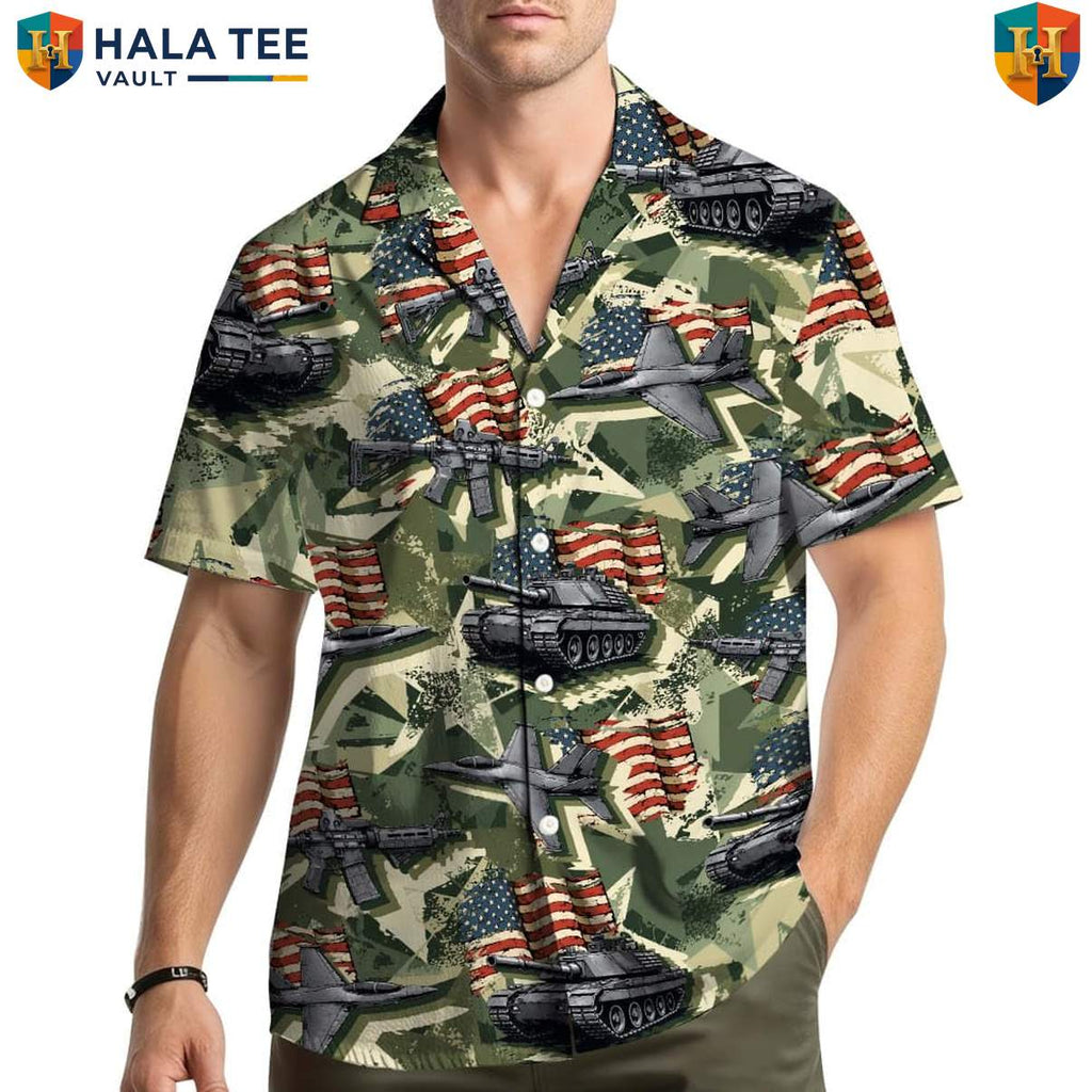 Military Tank Aircraft Hawaiian Shirt Mens Patriotic Army Aviation Camp Top