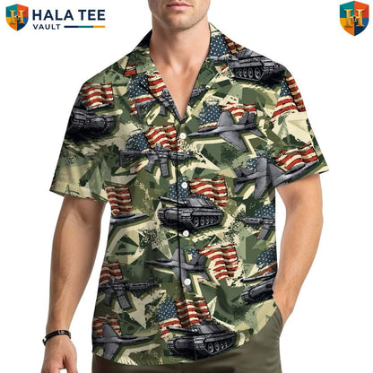 Military Tank Aircraft Hawaiian Shirt Mens Patriotic Army Aviation Camp Top