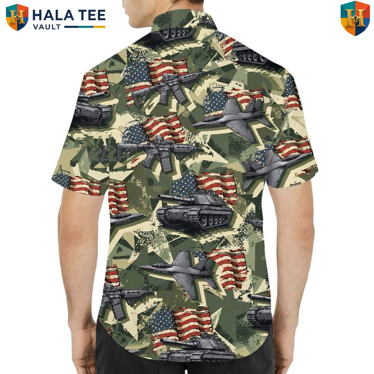 Military Tank Aircraft Short-sleeve button-up shirt Mens Patriotic Army Aviation Camp Top