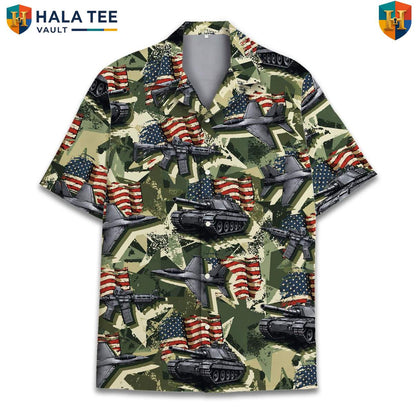 Military Tank Aircraft Tropical Shirt Mens Patriotic Army Aviation Camp Top