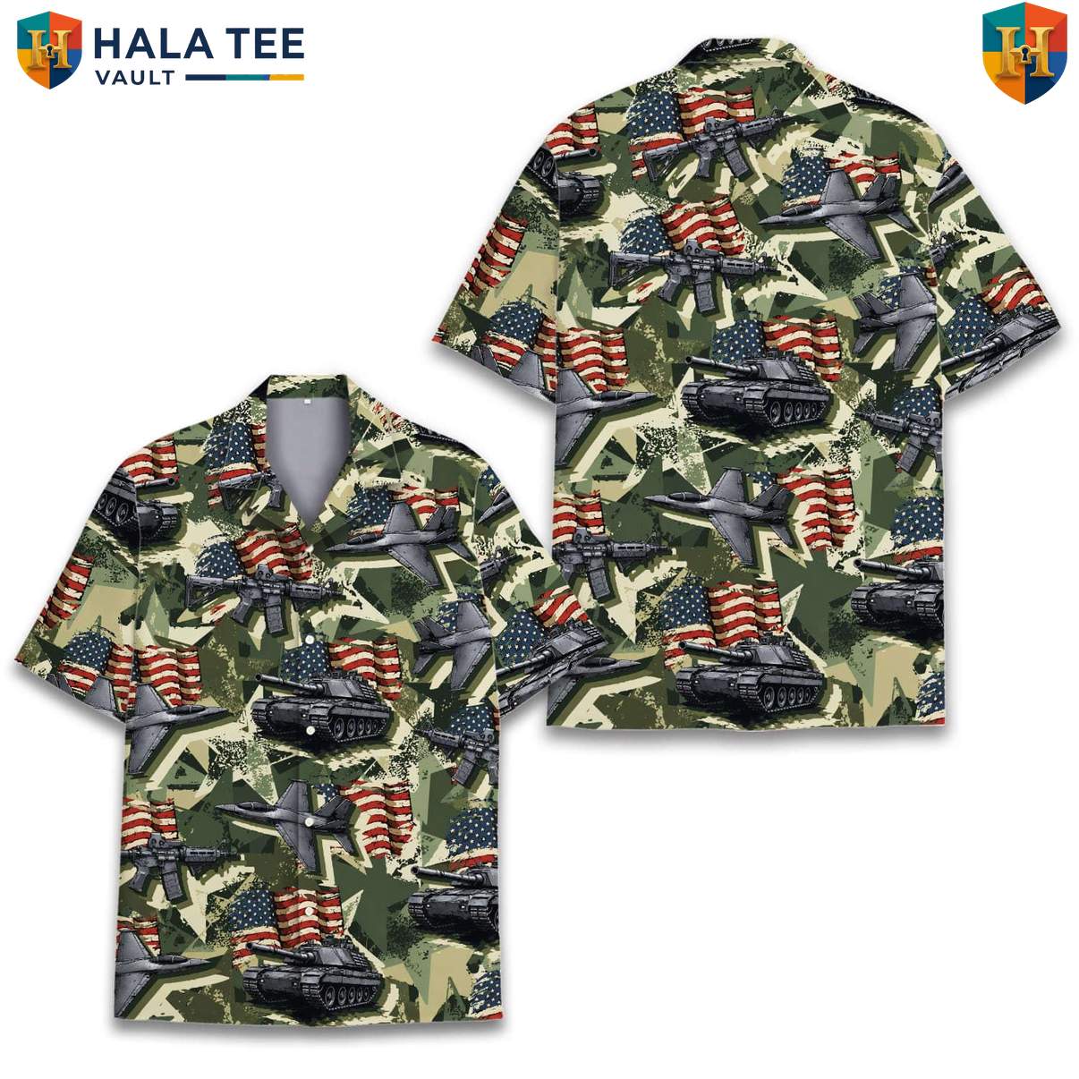 Military Tank Aircraft Aloha Shirt Mens Patriotic Army Aviation Camp Top
