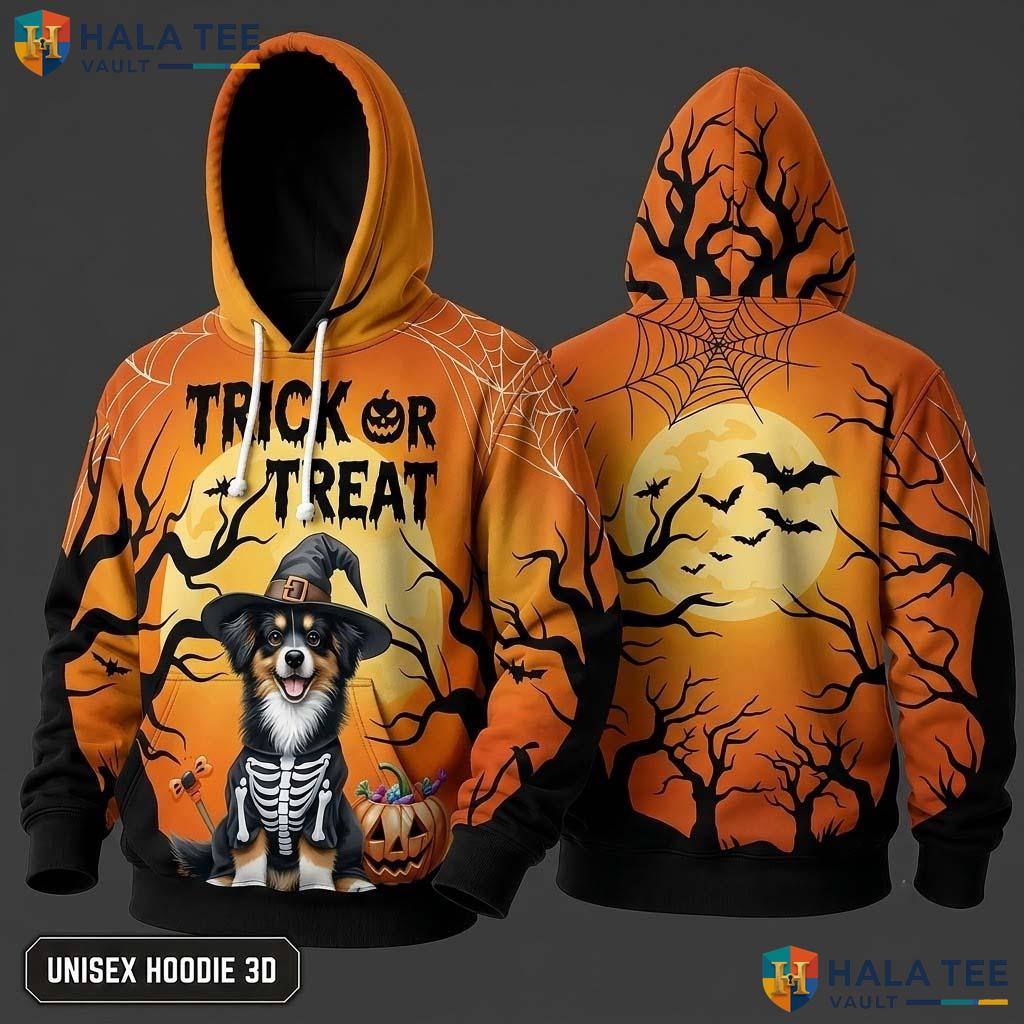 Miniature Shepherd Trick Or Treat 3D Hoodie Cool Halloween Dog Graphic