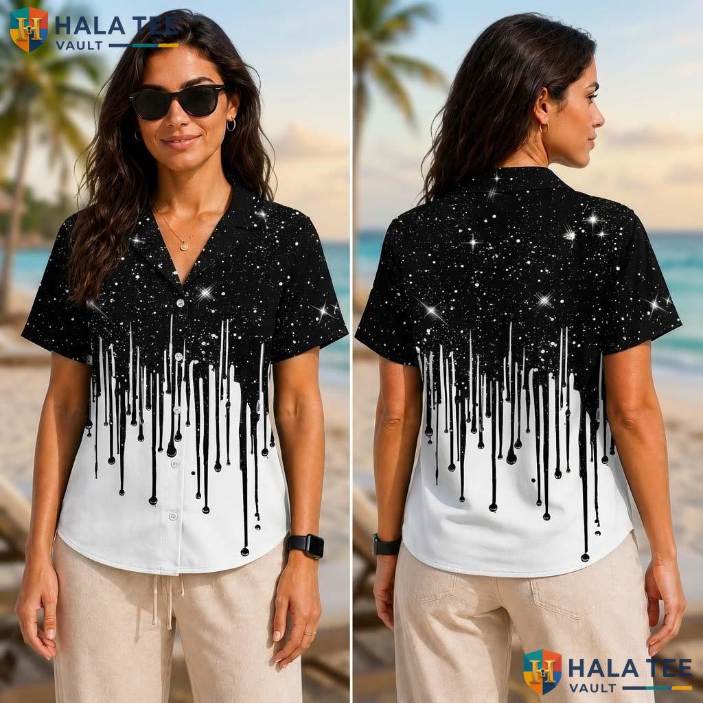 Modern Starry Night Tropical Shirt Black White Drip Creative Style Button Up