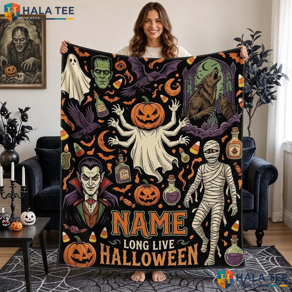 Monster Mash Halloween Blanket Custom Name Vintage Spooky Ghost Throw