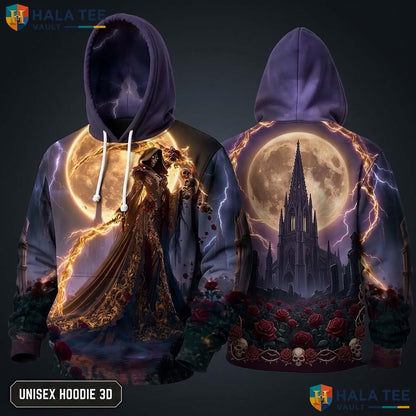 Moon Rose Grim Reaper 3D Hoodie Dramatic Gothic Skeleton Streetwear