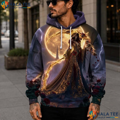 Moon Rose Grim Reaper 3D Printed Hoodie Dramatic Gothic Skeleton Streetwear
