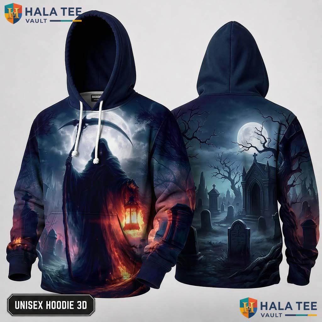 Moonlit Graveyard Reaper 3D Hoodie Mysterious Gothic Skeleton Apparel